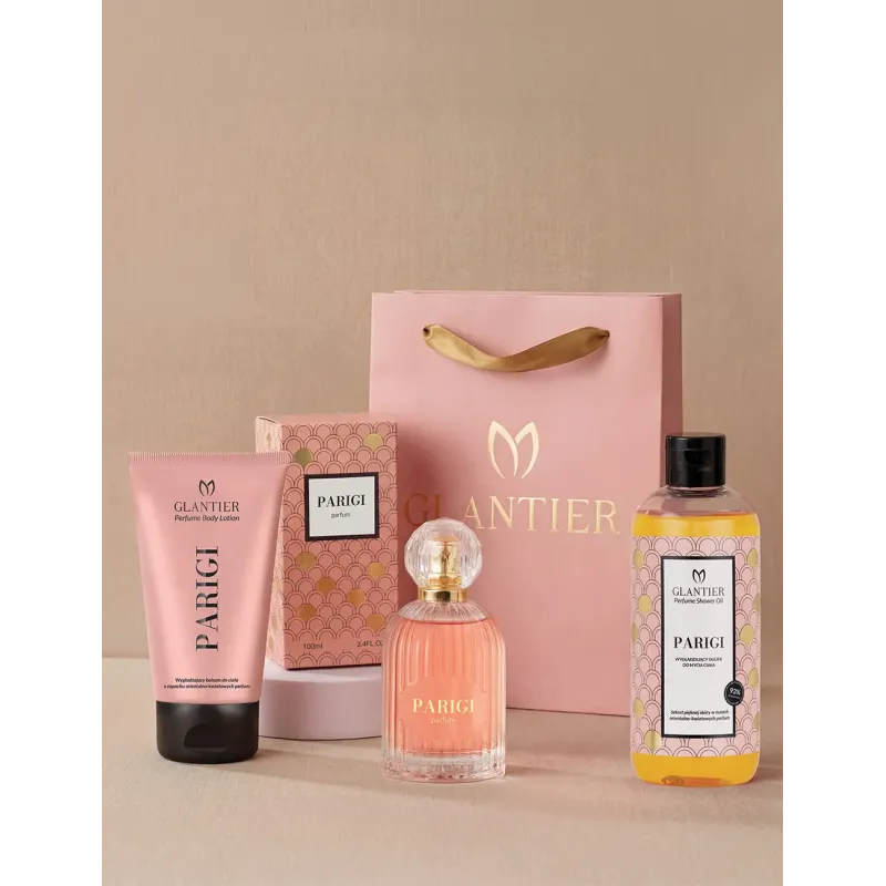 Zestaw Prezentowy Parigi- Perfumy Parigi + Balsam do Ciała + Olejek do Mycia Ciała + Różowa Torba